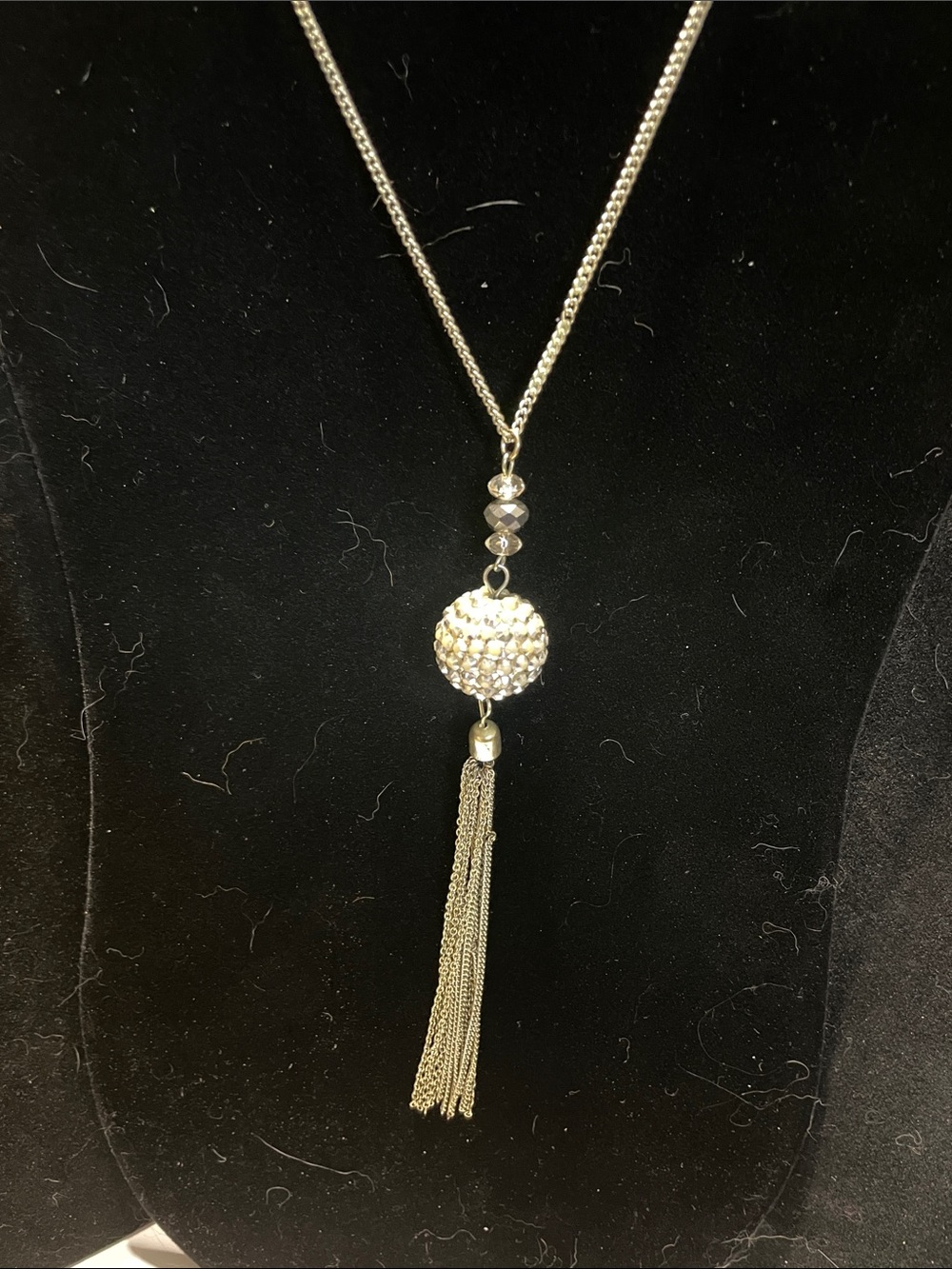 Silver Tassel Pendant Necklace - Elegant Crystal Ball Accent.  M’s